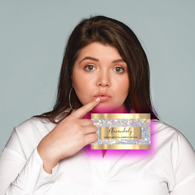 Golden Frame Event MakeupBeauty Shop Holographic   Business Card (Silver Strokes Marble Beauty Shop Holographic Business Card )