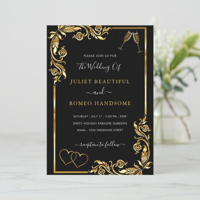 Golden Frame Hearts Love Toast Wedding Invitation (Standing Front)