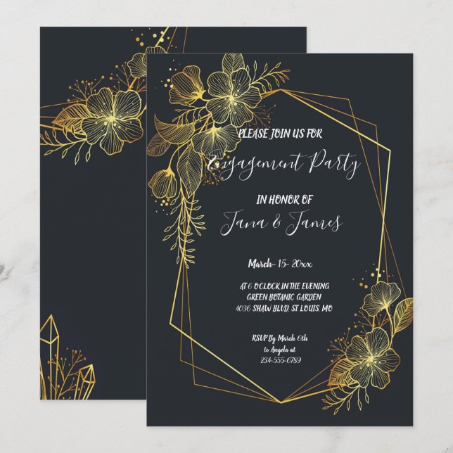 Golden Frame Navy back  Engagement Invitation (Front/Back)