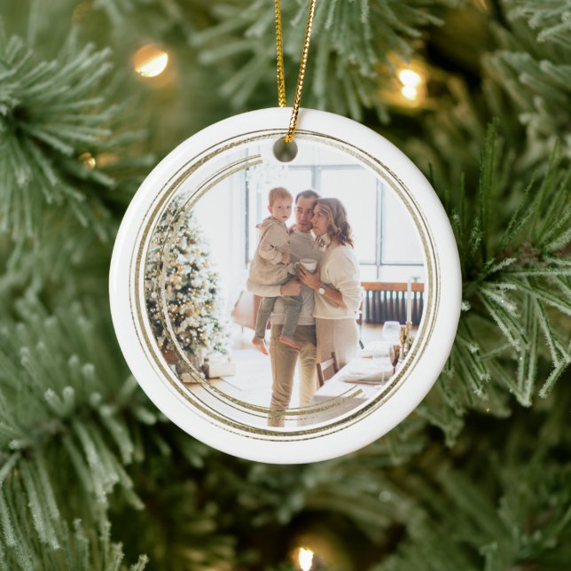 Golden Frame Photo Christmas Personalised Ceramic Ornament (Tree)