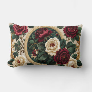 Golden Frame Roses Pillow - Elegant Burgundy Cream