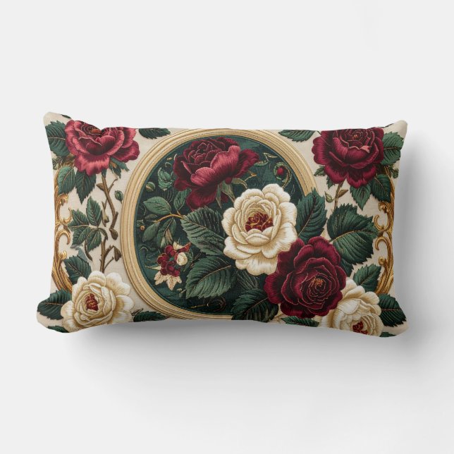 Golden Frame Roses Pillow - Elegant Burgundy Cream (Front)