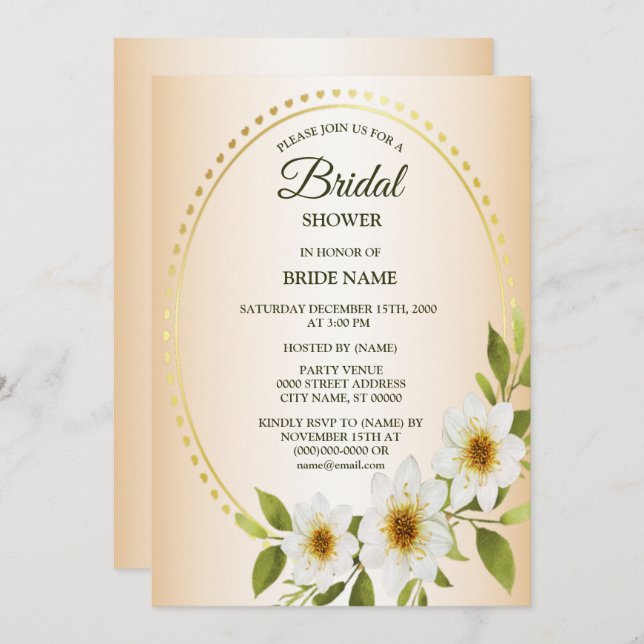 Golden Frame White Floral Peach Bridal Shower Invitation (Front/Back)