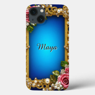Golden Frame With Elegant Roses and Pearls iPhone 13 Case