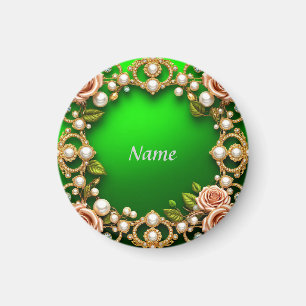 Golden Frame With Elegant Roses and Pearls Magnet