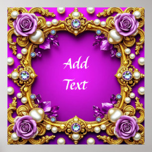 Golden Frame With Elegant Roses and Pearls Poster