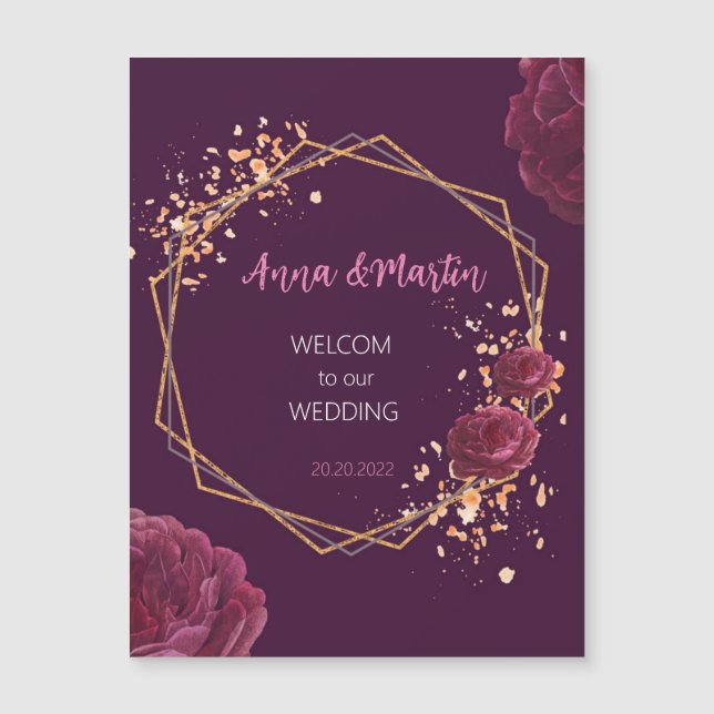 golden frame with flowers on a burgundy   magnetic invitation (Front)