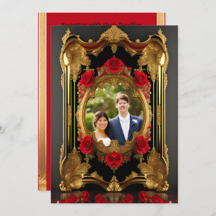 Golden frame with red roses, gothic style photo invitation