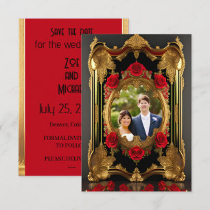 Golden frame with red roses, gothic style photo save the date