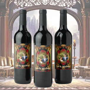 Golden frame with red roses, gothic style photo wine label