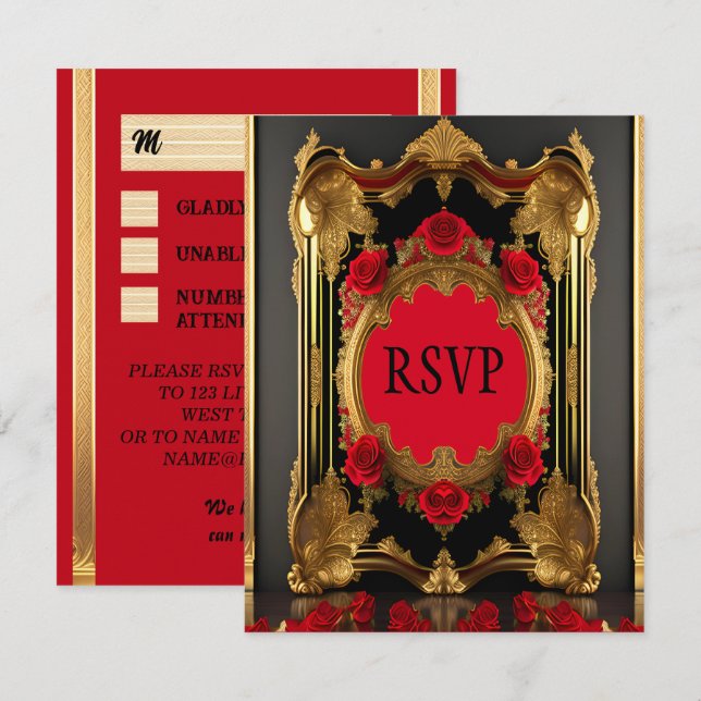 Golden frame with red roses, gothic style wedding  RSVP card (Front/Back)