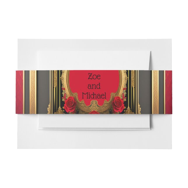 Golden frame with red roses, gothic wedding invitation belly band (Front Example)