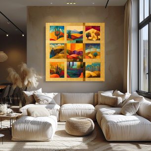 Golden Framed Desert Art Grid – Colourful Geometri Poster