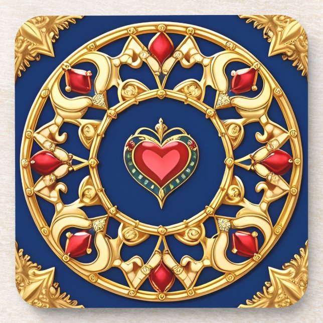 Golden Framed Heart Motif With Ornate Design Coaster (Front)