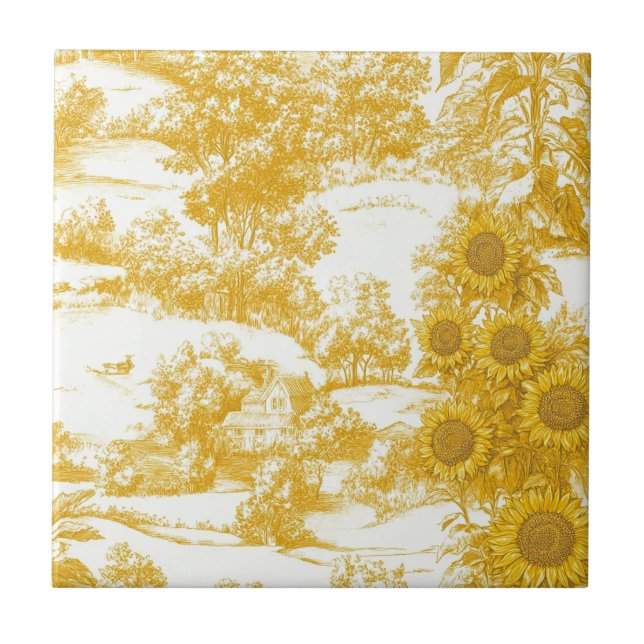 Golden French Country Sunflower Toile Pattern Ceramic Tile (Front)