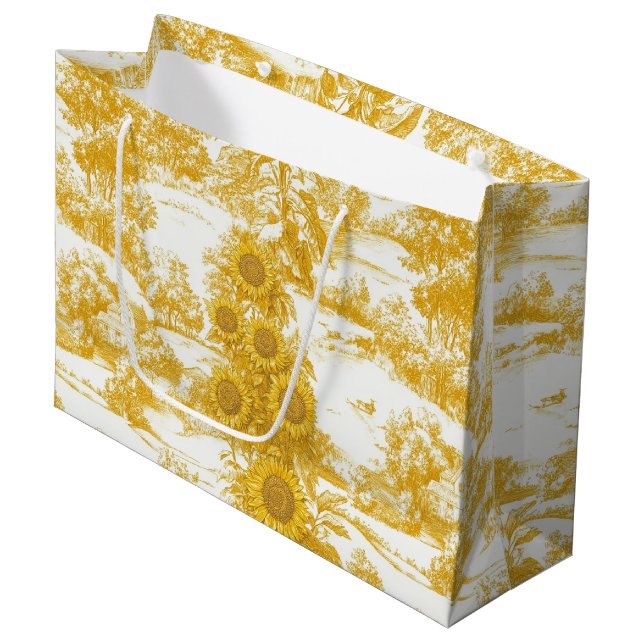 Golden French Country Sunflower Toile Pattern Large Gift Bag (Front Angled)