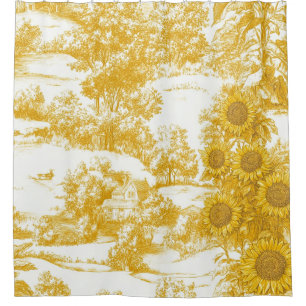 Golden French Country Sunflower Toile Pattern Shower Curtain