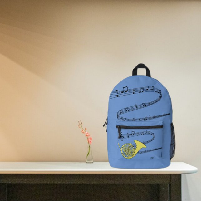 Golden French Horn Drawing Swirled Music Staff  Printed Backpack (Creator Uploaded)