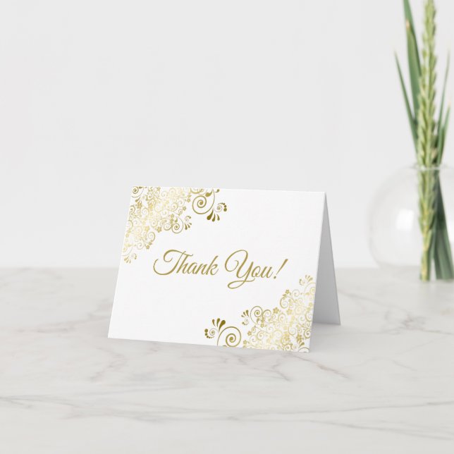 Golden Frills Elegant Script Simple White Wedding Thank You Card (Front)