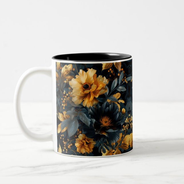 Golden Fringed Watercolor Blooms Two-Tone Coffee Mug (Left)
