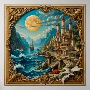 Golden Full Moon an Coastal Fantasy Village Poster