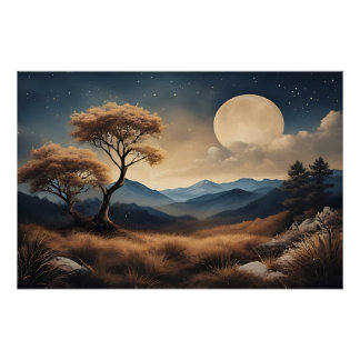 Golden Full Moon Night Poster