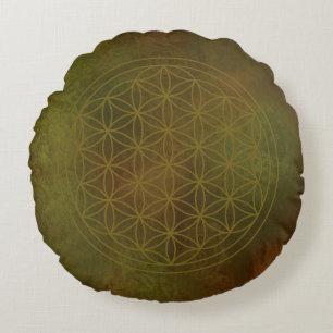 Golden Gaia Flower of Life Round Cushion