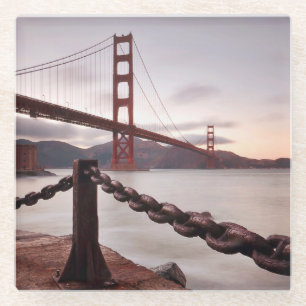 Golden Gate Bridge against mountains Glass Coaster