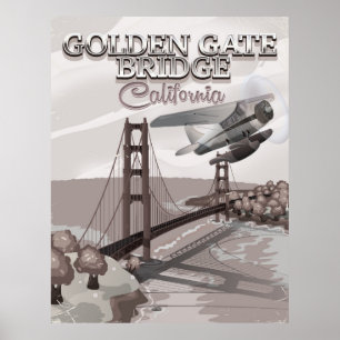 Golden Gate Bridge California travel cartoon sepia Poster