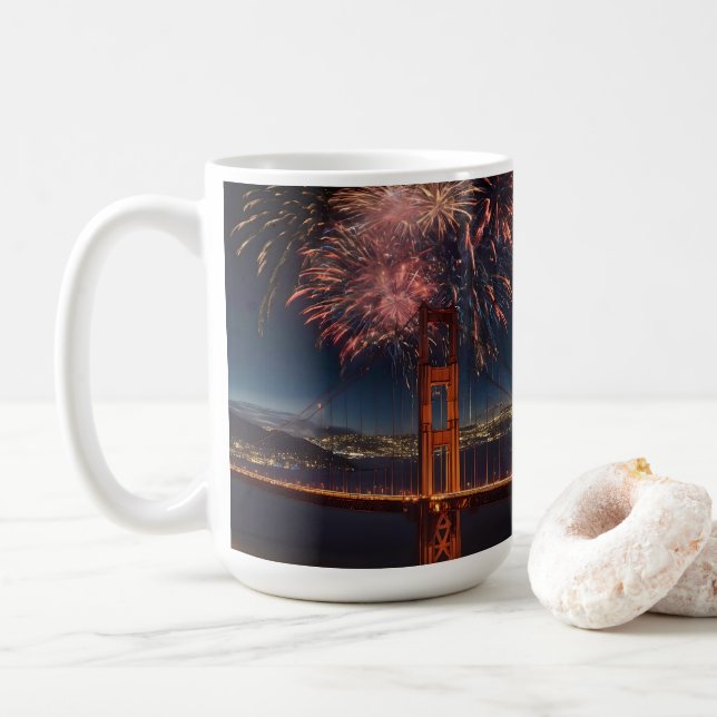 Golden Gate Bridge Fireworks Independence Day, Coffee Mug (With Donut)