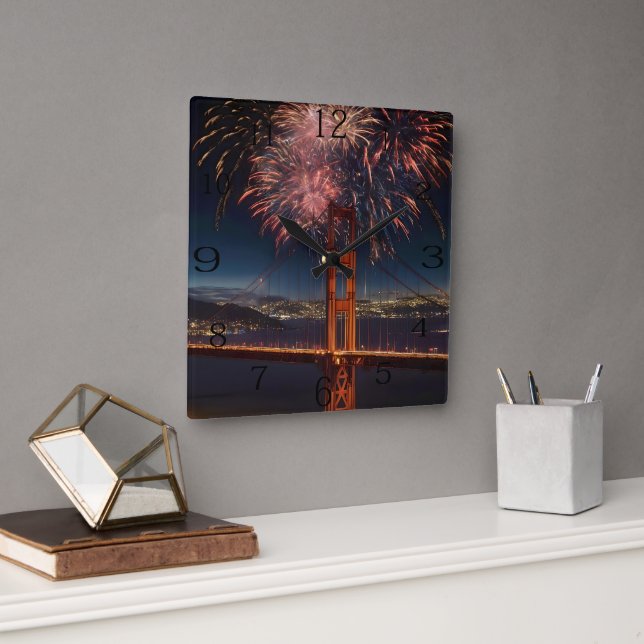 Golden Gate Bridge Fireworks Independence Day, Square Wall Clock (Office)