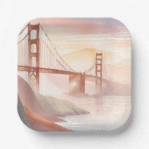 Golden Gate Bridge   Sunrise Beautiful Watercolor Paper Plate