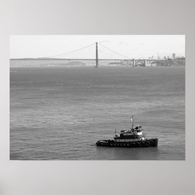 Golden Gate Bridge, Tug Boat, Black and white Poster (Front)