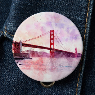 Golden Gate Bridge Watercolor at Sunset 6 Cm Round Badge