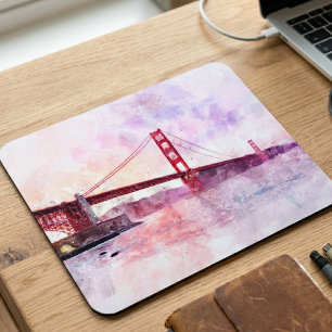 Golden Gate Bridge Watercolor at Sunset Mouse Pad