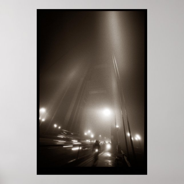 Golden Gate Bridge with road biker in the fog Poster (Front)