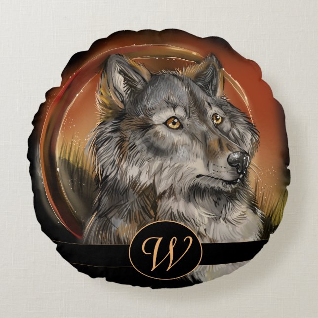 Golden Gaze Monogram Wolf Round Cushion (Front)