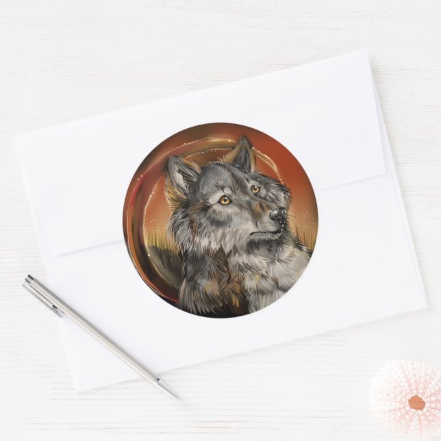 Golden Gaze Wolf Classic Round Sticker (Envelope)