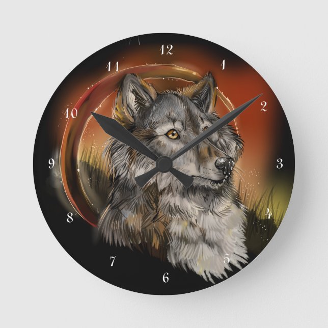 Golden Gaze Wolf Round Clock (Front)