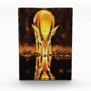 Golden Gazelle Drinking Water – Textured Oil Paint Photo Block