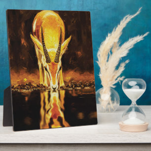 Golden Gazelle Drinking Water – Textured Oil Paint Plaque