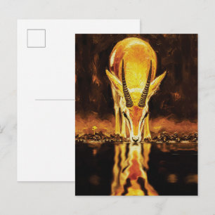 Golden Gazelle Drinking Water – Textured Oil Paint Postcard