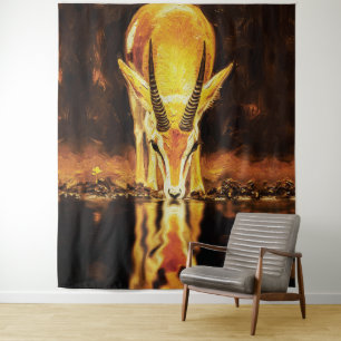 Golden Gazelle Drinking Water – Textured Oil Paint Tapestry