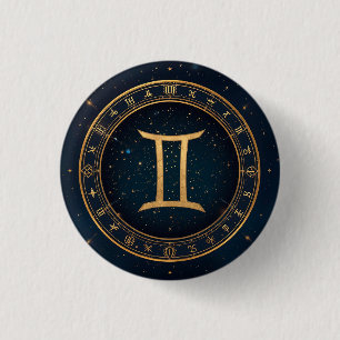 Golden Gemini Zodiac Circle With Starry Night 3 Cm Round Badge