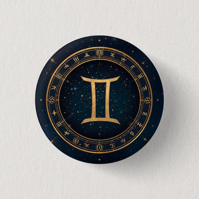 Golden Gemini Zodiac Circle With Starry Night 3 Cm Round Badge (Front)