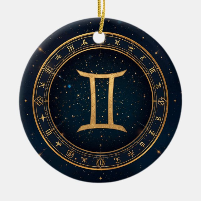 Golden Gemini Zodiac Circle With Starry Night Ceramic Ornament (Front)