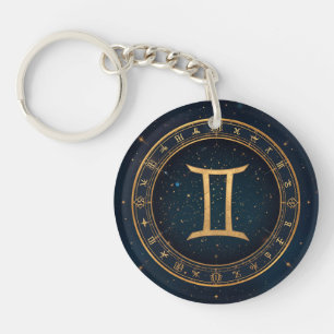Golden Gemini Zodiac Circle With Starry Night Key Ring