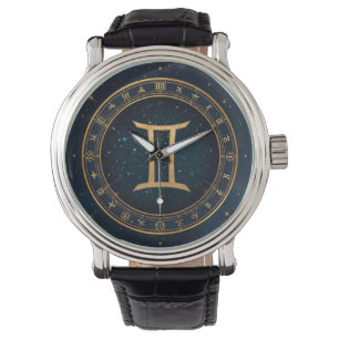 Golden Gemini Zodiac Circle With Starry Night Watch