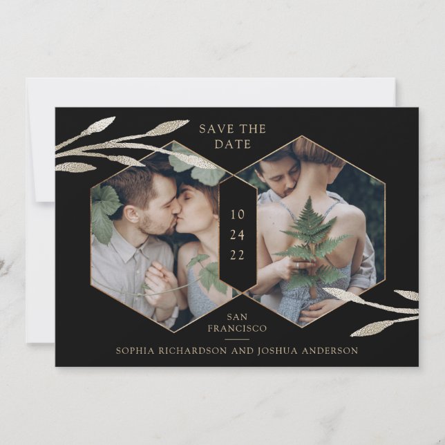 Golden Geometric | Botanical Two Photo Black Save The Date (Front)