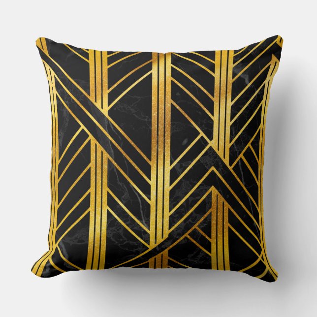 Golden Geometric Dimoned Art Deco on Black Marble Cushion (Front)